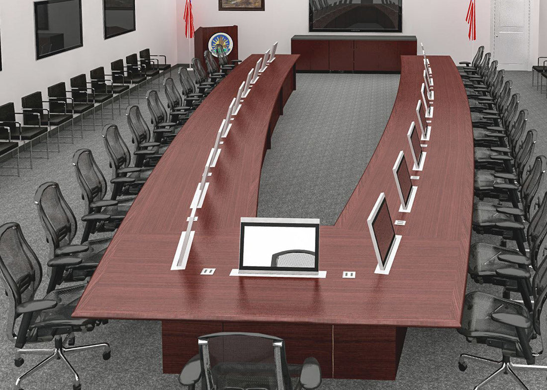 V-Shape Conference Table with Arthur Holm Retractable Monitors