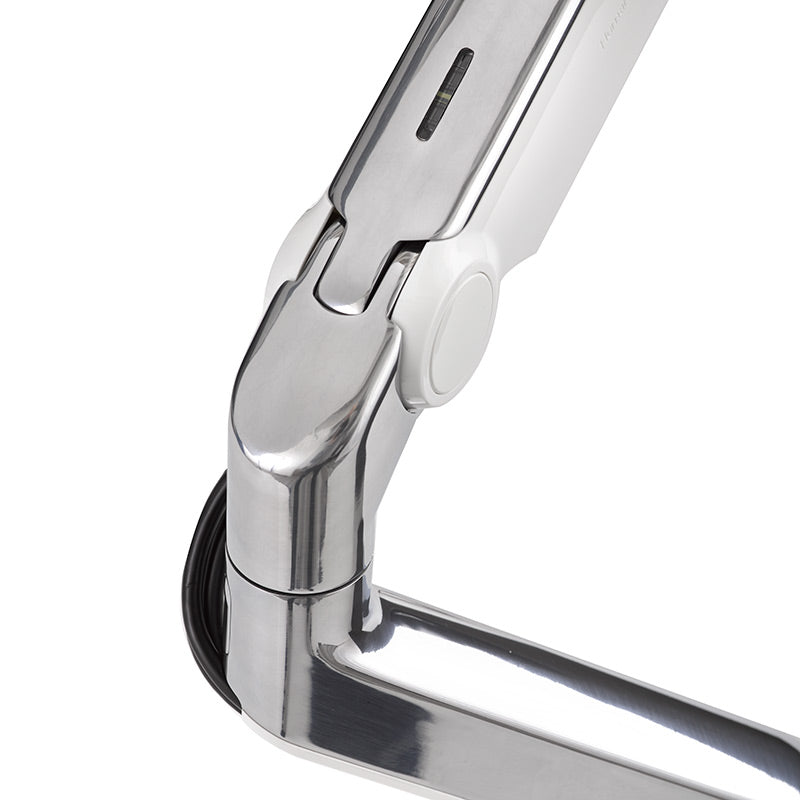 M8.1 Monitor Arm, Two-Piece Clamp Mount Base, Polished Aluminum With White Trim