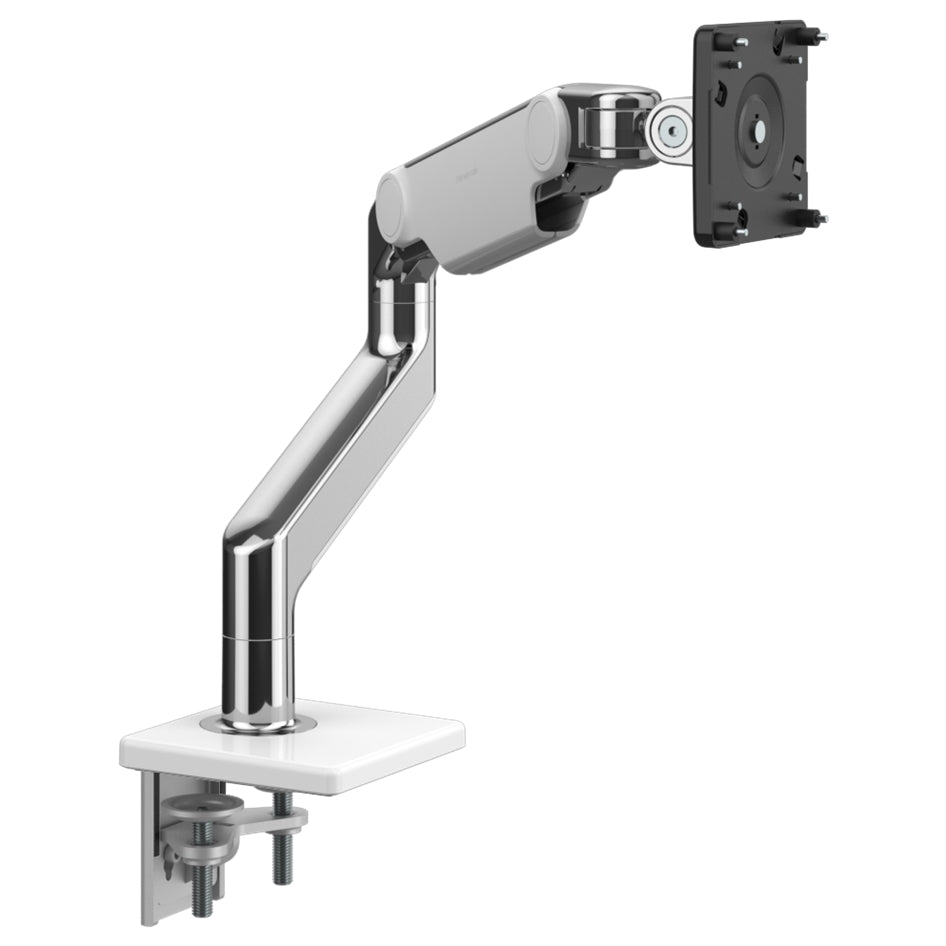 M8.1 Monitor Arm, Two-Piece Clamp Mount Base, Polished Aluminum With White Trim